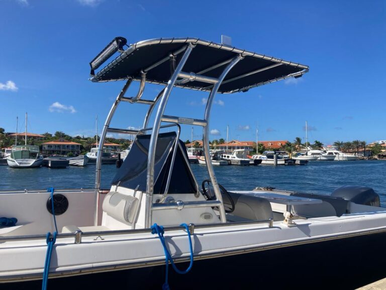 Keijtech 2x2m Grossen T-top Bimini in Alu Polierten Finish montiert auf ein Konsolenboot.